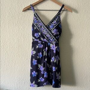 Lands' End Navy and Purple Floral Swimsuit